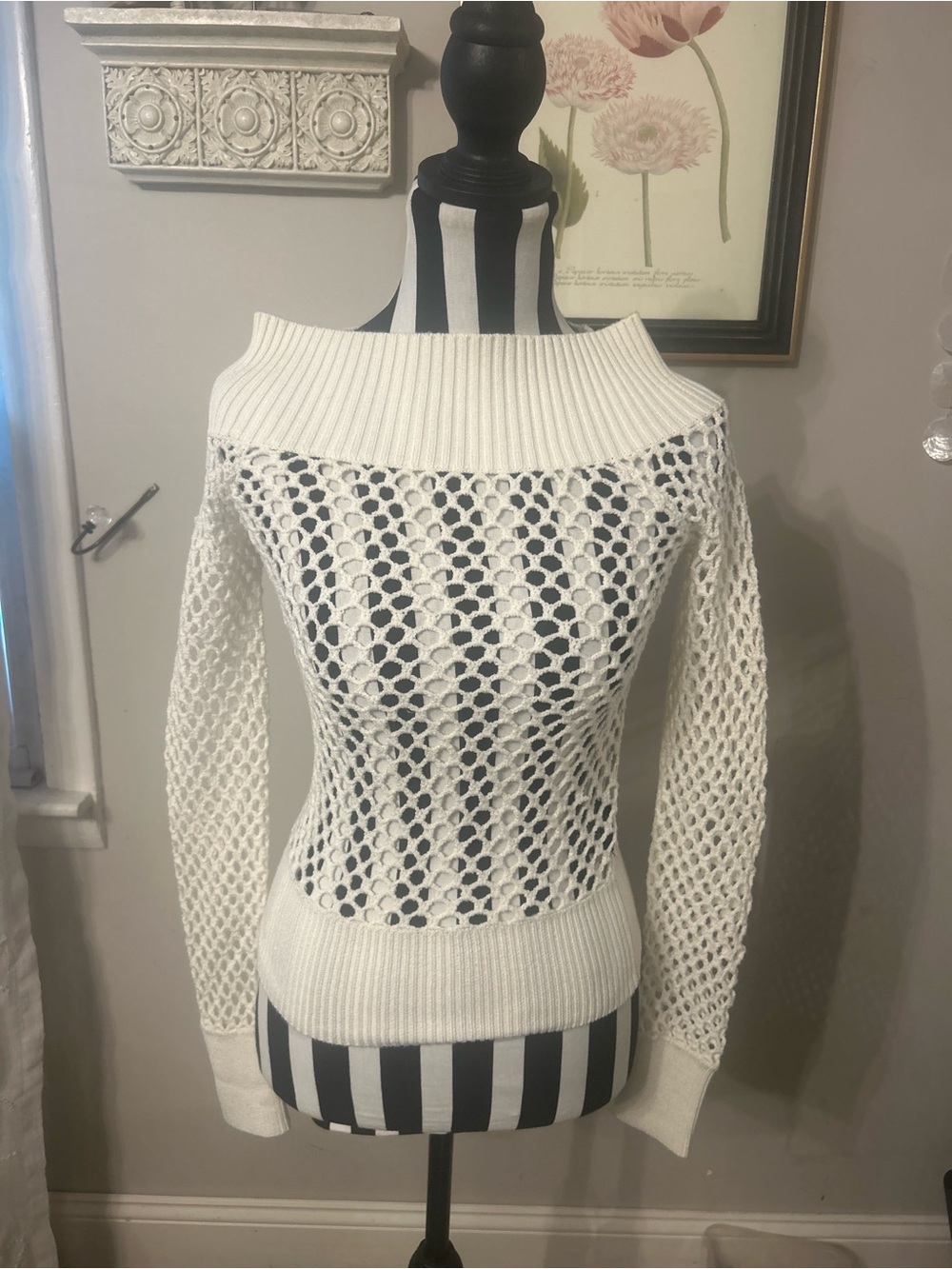 Y2K Bebe white off the shoulder sweater mesh pattern small